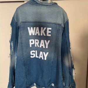 Oversized distressed Denim Jacket with Wake Pray Slay Print NWOT
